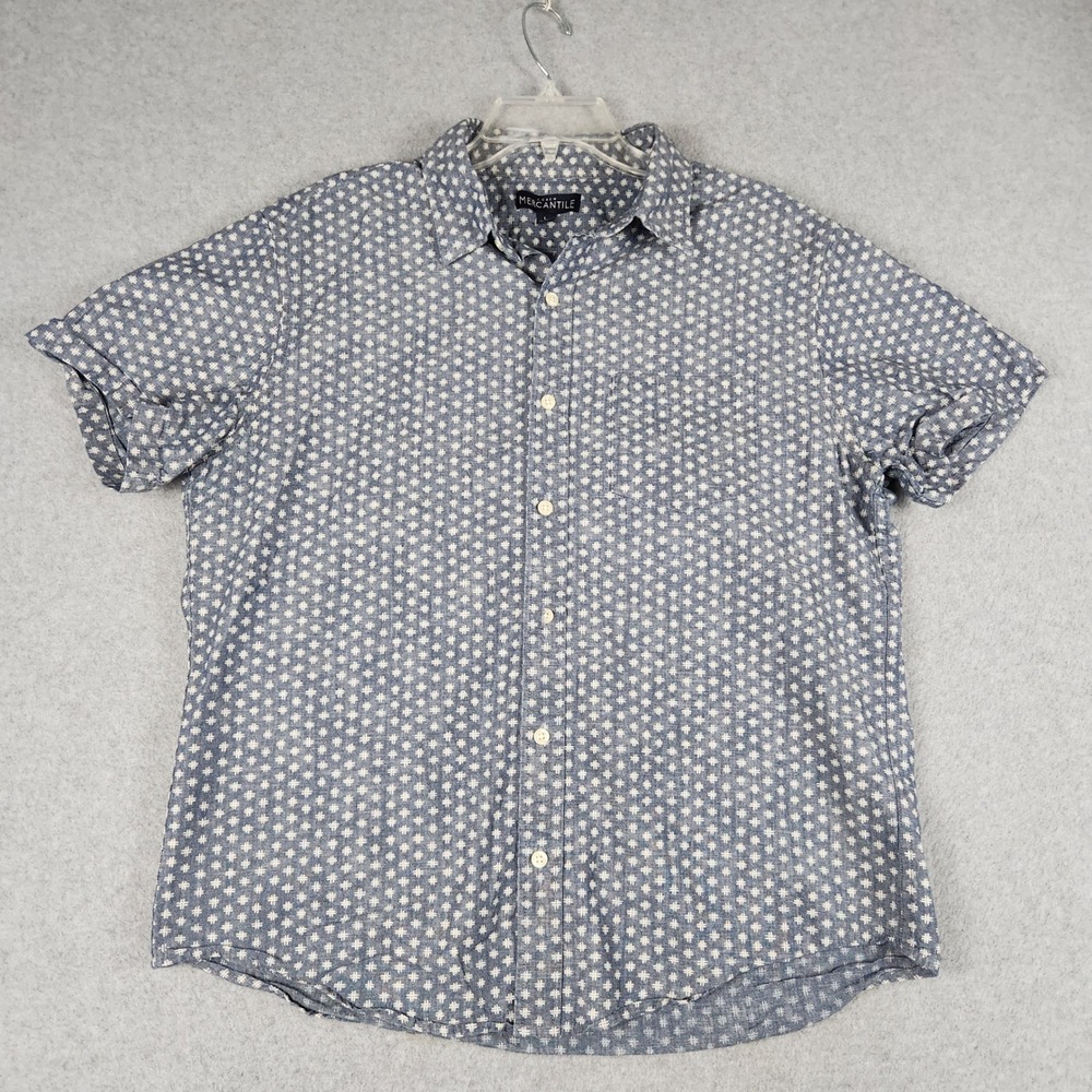 J.Crew Mercantile Shirt Mens Large Blue White Hash Print Short Sleeve Button Up